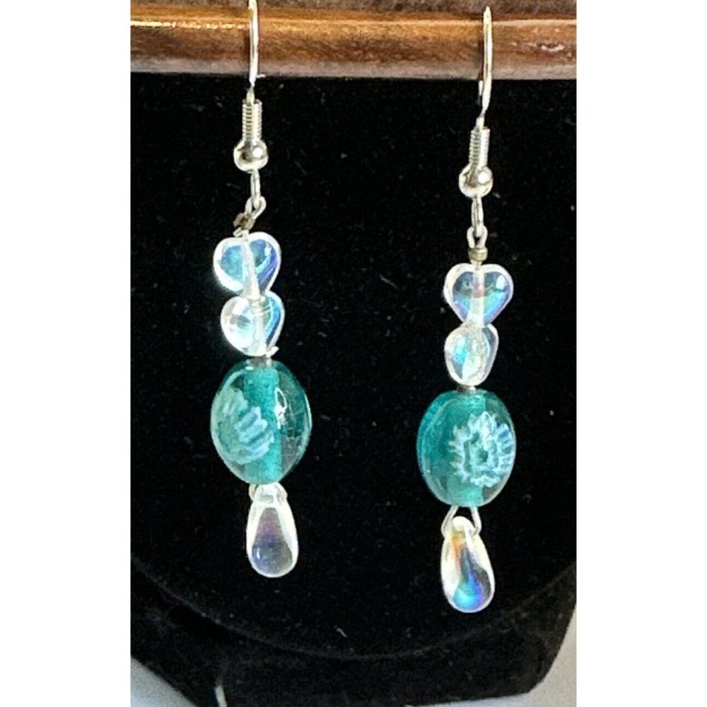 silver tone glass bead earrings blue with flower and iridescent hearts 2.25”